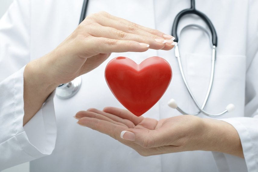 Female doctor with the stethoscope holding heart