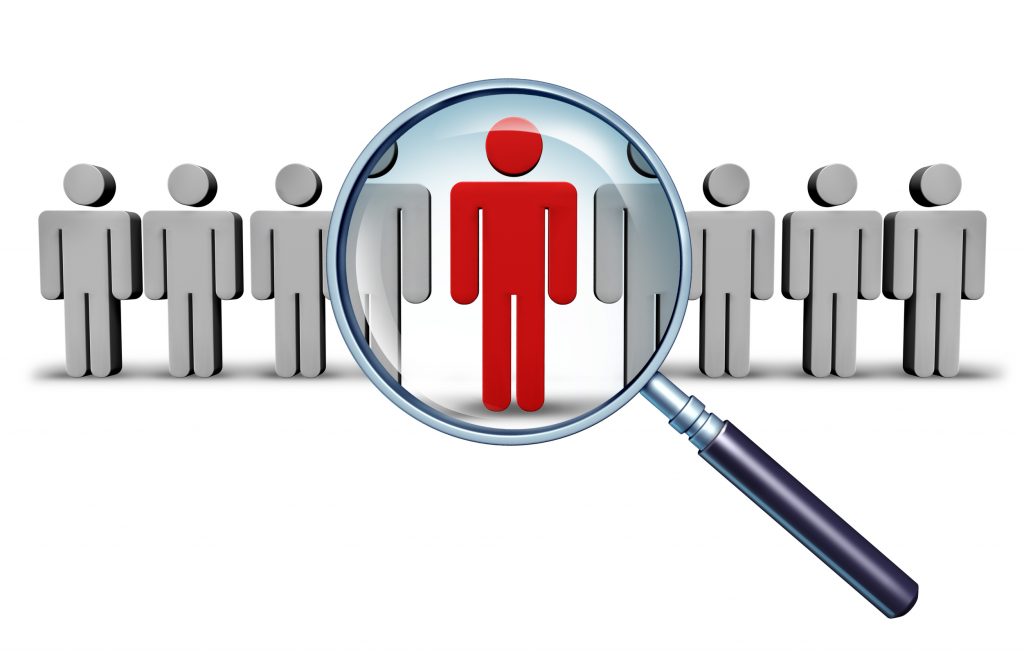 Job search and career choice employment concept with human icons and a red businessman character in a magnifying glass as a symbol of recruitment and occupation